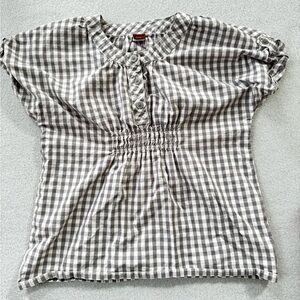 Tea Collection girl’s gingham short‎ sleeve top grey white checkered size 6